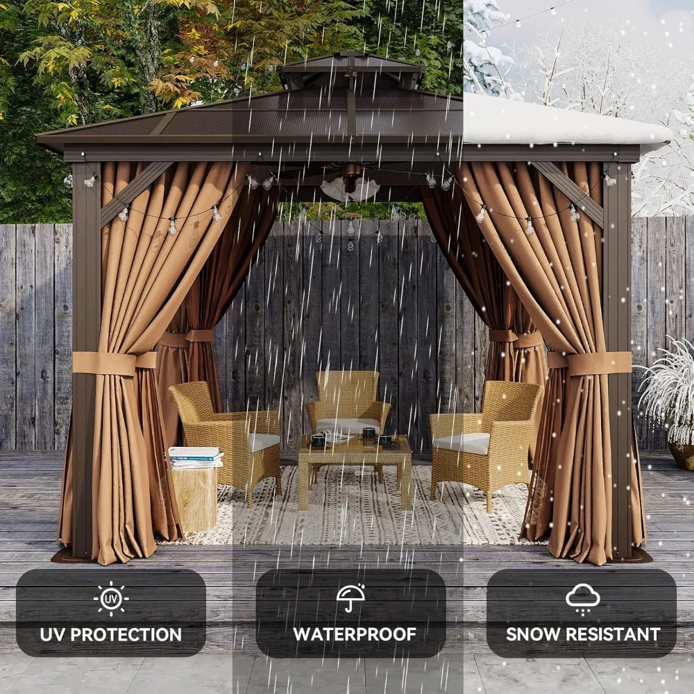 10'x10' Hardtop Gazebo, Outdoor Polycarbonate Double Top Canopy, Aluminum Frame Gazebo with Netting and Curtains, Gazebos 6