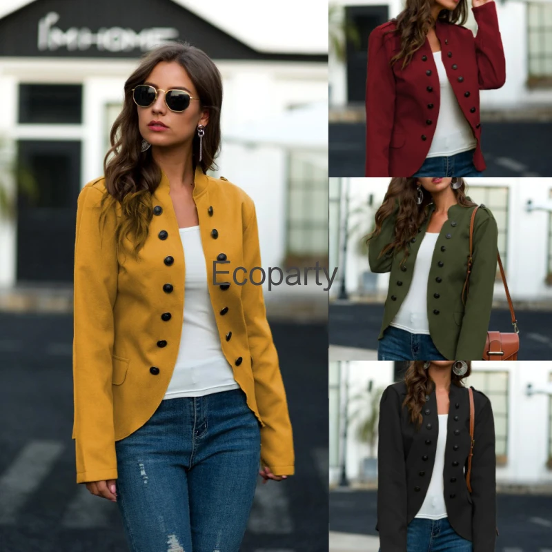 

New Women Spring Autumn Fashion Suit Jacket Solid Double Breasted Stand Collar Long Sleeve Cardigan Coat Female Casual Outwear