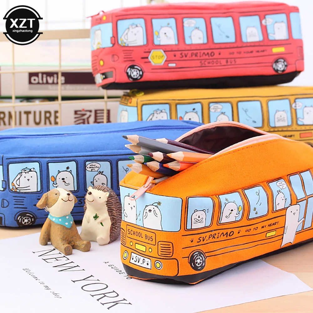 Cute bus pencil case pencil cases stationery box pen storage bag Canvas Stationery Box Large Capacity Pen Bag School Pencil Cases for Children Pen Case Kawaii Student Gifts