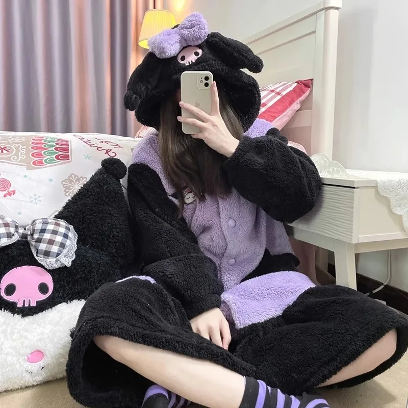 MINISO Sanrio Kuromi Robes Cosplay Costume Women Kigurumi Adult Onesie Anime Nightgown Halloween Pajamas