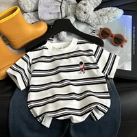 T-shirt d'été à manches courtes en coton pour enfants, à rayures, pour garçons et filles, hauts à la mode vintage 4