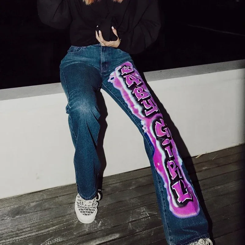 2024 Blue 90s Moms Jeans E-girl Vintage Streetwear Letter Printing Baggy Jeans Fashion Straight Demin Low Waist Y2K Pants Autumn