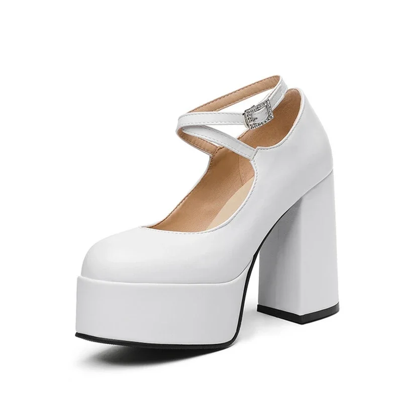 

BLXQPYT New Arrival 2022 Classic Pumps Black Leather Mary Jane Heels Fashion Buckle Platform Plus Size Women Shoes 42 43 C22-33