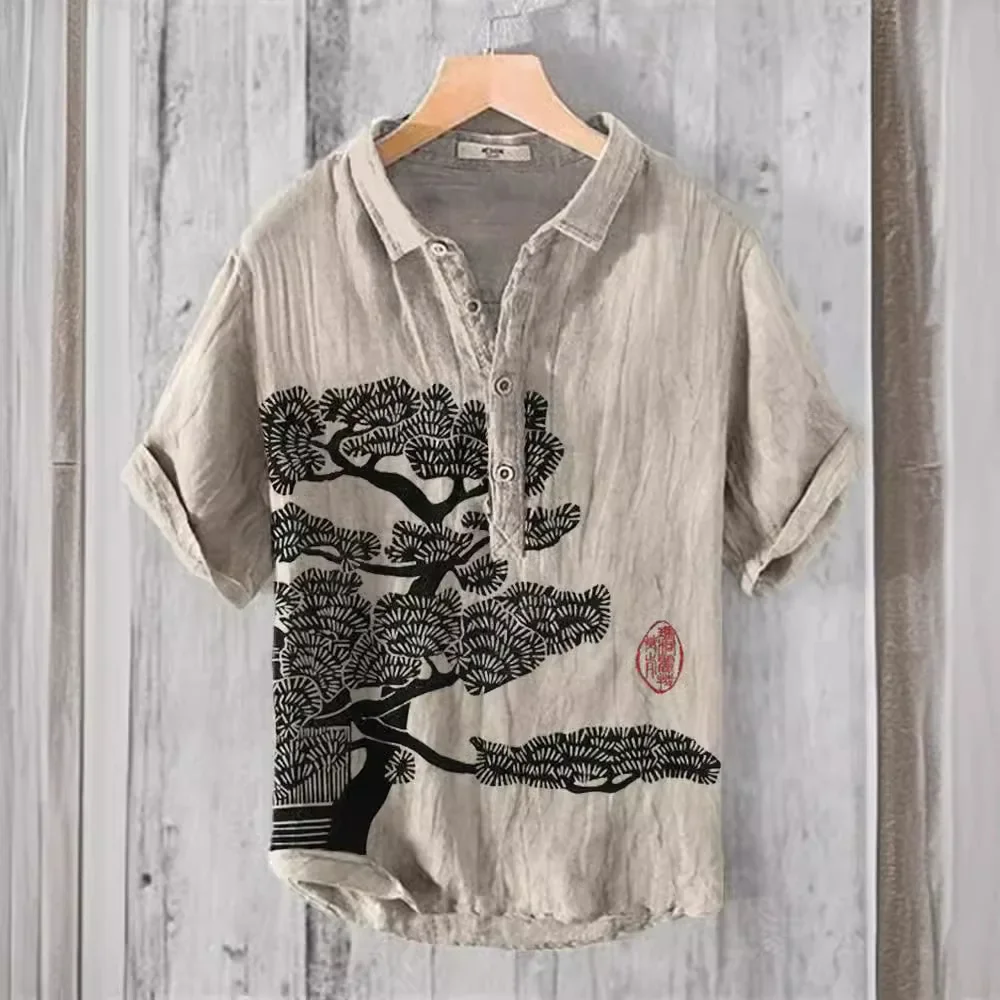 New wave printed V-neck short-sleeved shirt foreign trade fashion casual loose T-shirt shirt bamboo linen shirt top