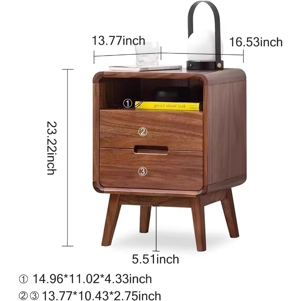 Solid Wood Nightstand Set of 2, Walnut Night Stand with 2 Drawers and Open Storage, Nightstand 2