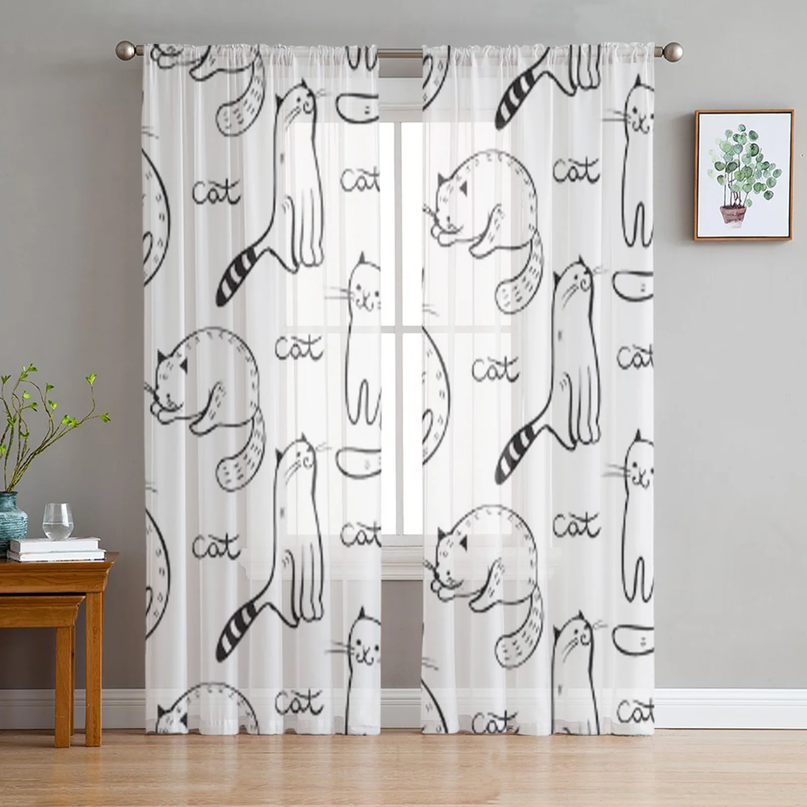 

Black White Seamless Pattern Funny Cartoon Cats Sheer Curtains for Living Room Bedroom Window Treatment Kitchen Chiffon Curtain
