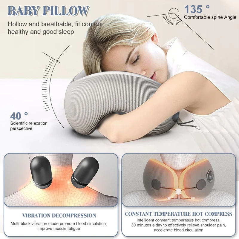 Massage Travel Pillow Heating Massage Neck Pillow U Shaped Memory Foam Neck Pillows Sleeping Airplane Pillow Cervical Healthcare 4