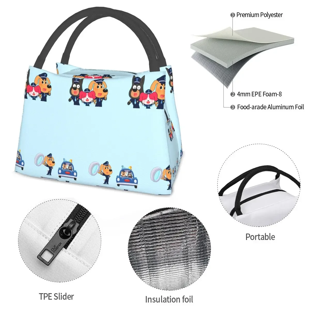 Labrador Sheriff 도시락 가방 절연 도시락 상자 재사용 가능한 점심 토트 피크닉 가방 여성 어린이 여행을위한 쿨러 열 가방