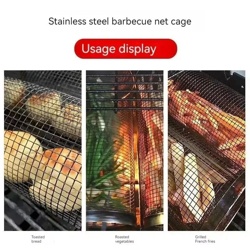 BBQ Basket Stainless Steel Rolling Grilling Basket Wire Mesh Barbecue Cage Portable Round Outdoor Camping Barbecue Rack