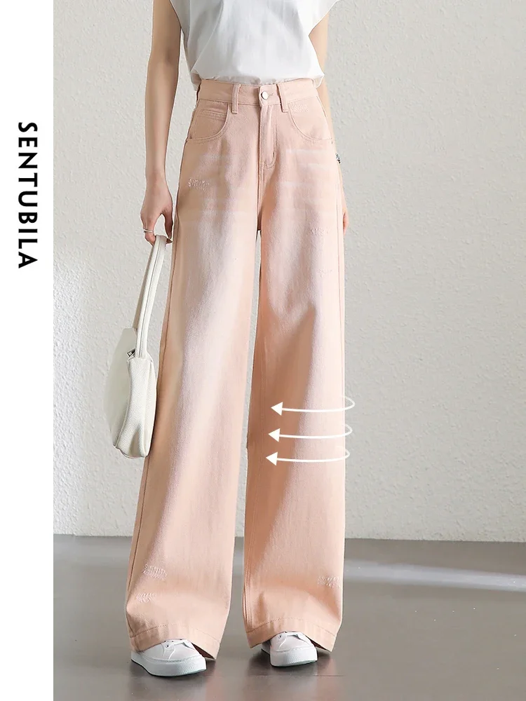 SENTUBILA Cotton Washed Baggy Jeans 2024 Summer Retro Casual High Waist Straight Loose Denim Pant Wide Leg Trouser W42N54363