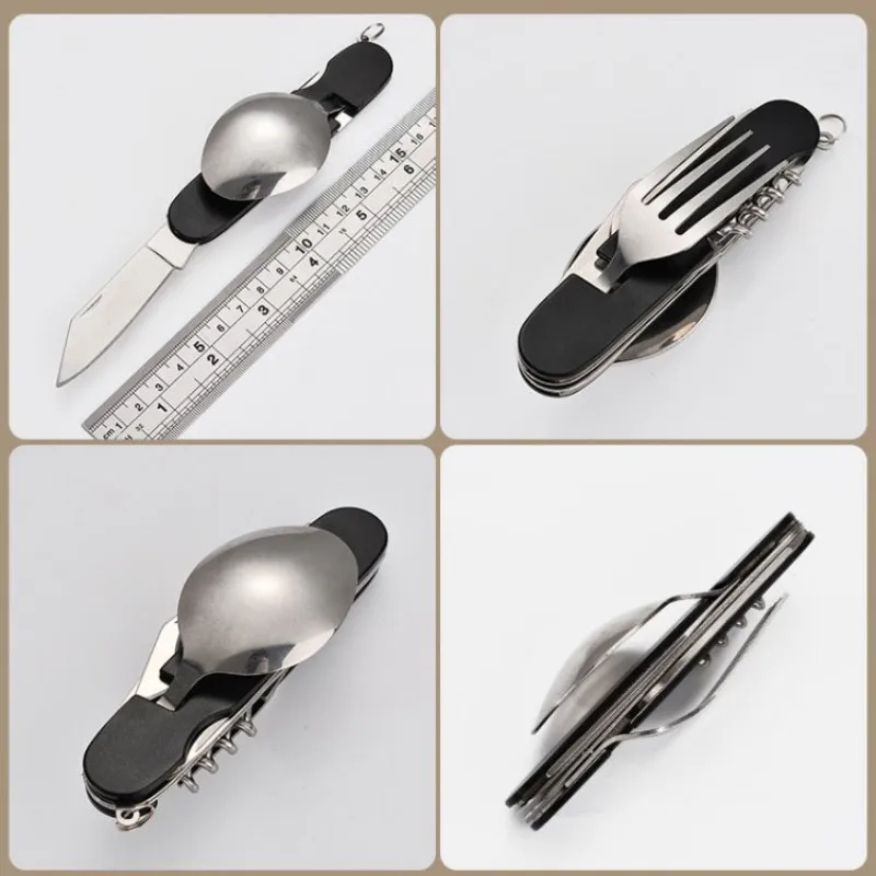 Tablespoon Set 4 In 1 Foldable Spoon Knife Fork Bottle Opener Stainless Steel Folding Pocket Kits Outdoor Tableware Set Kitchen