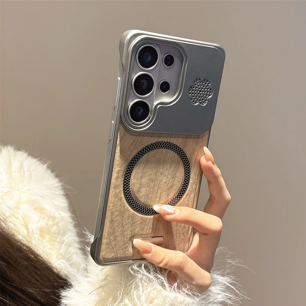Wood Grain Leather Frameless Magnetic Phone Case with Plating Borderless Design
