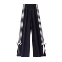Plus Size Y2K Trousers 300lbs: Four Stripes Design Wide Leg Trousers, Adjustable Waist Bow, Straight Cut Casual Pants for Women - Image 5