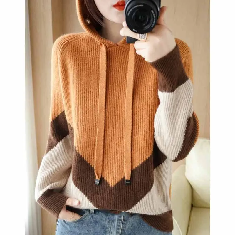 

Female New Korean Loose Fit Hooded Knit Pullover Women Color Blocking Hoodie Pullover Hoodie Ladies Long Sleeved Knit Sweater