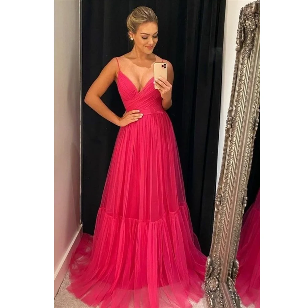 

Amanda Spaghetti Strap Prom Dress 2023 Rose Pink فستان سهرة Elegant A-line Tulle Vestido De Novia Floor Lenght Prom Gown