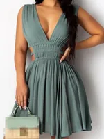 Spring/summer Fashion Women's Dress Elegant Sexy Versatile Plunge Sleeveless Cutout Ruched Shirred Backless A Line Mini Dres