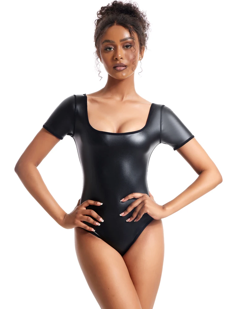 

Womens Sexy Lingerie One Pieces Bodysuits U Neck Short Sleeve Sexy Faux Leather Bodysuit Jumpsuit Women Teddies Leather Swimwear