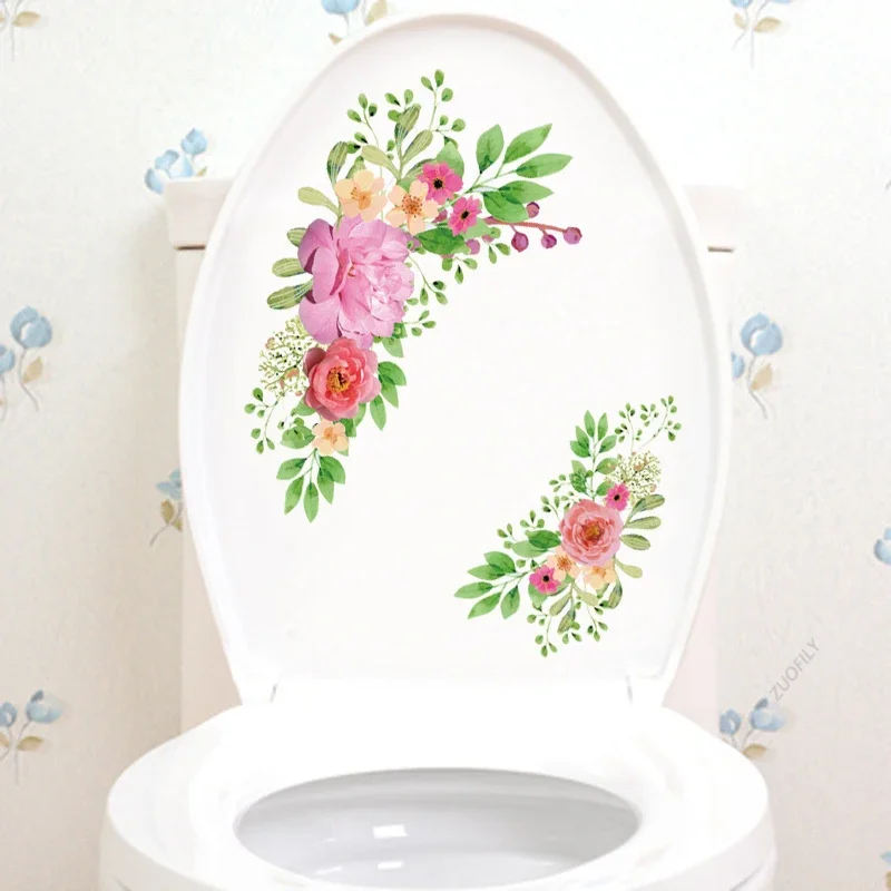 Ceative Floral Flower Toilet Stickers Mural Self-adhesive Removable Bathroom Decoration Sticker Cabinet Decors 1 Pc PVC Decal