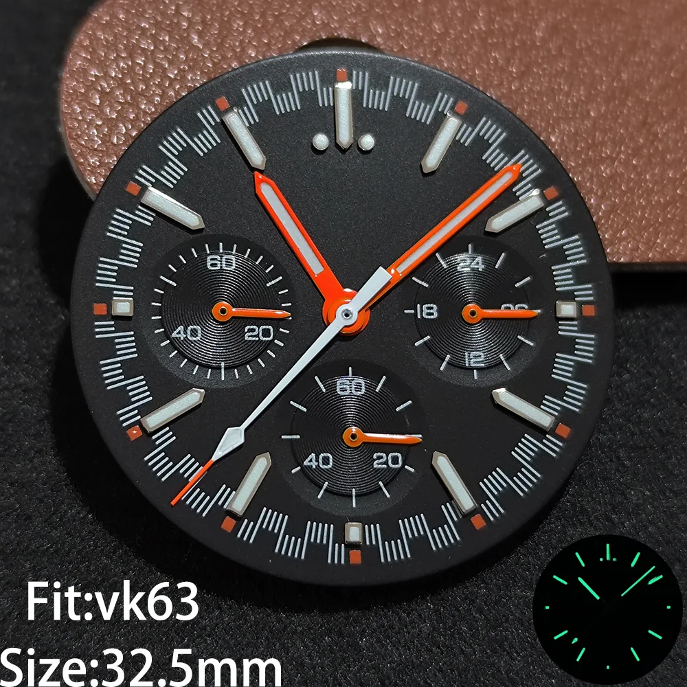 VK63 32.5mm 다이얼 및 시계 손 VK63 쿼츠 무브먼트에 적합한 녹색 발광 시계 액세서리 새로운 액세서리 부품