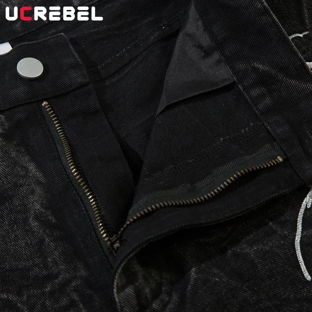Lightning  Embroidery Jeans Mens High Street Washed Distressed Loose Wide leg Denim Pants Men Trousers 4