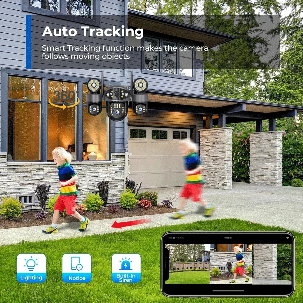 V380 15MP Triple Lens PTZ Outdoor Security Camera IP66 Waterproof Auto Tracking Night Vision 2-Way Audio WiFi Cam Cloud Storage 3