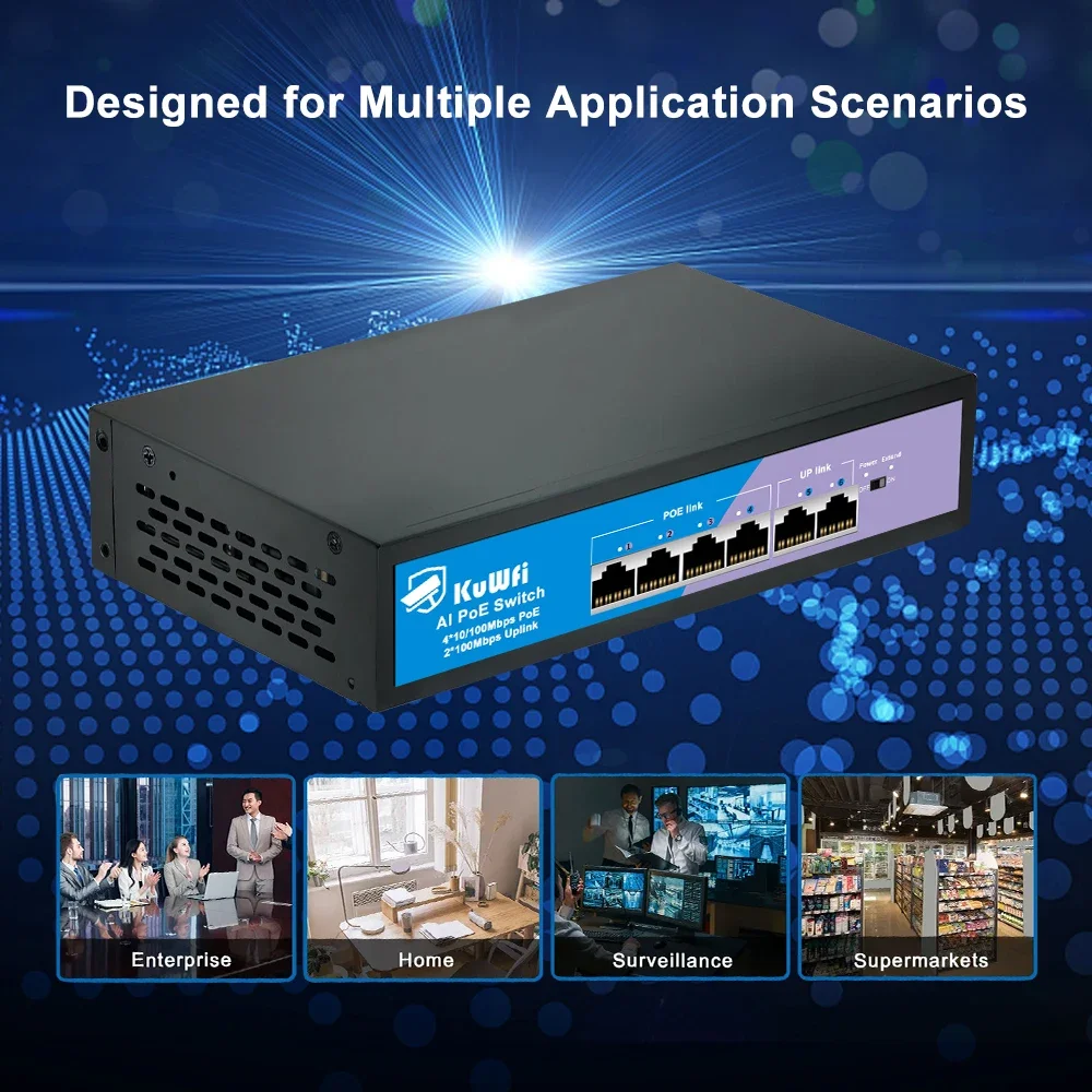 Kuwfi-switch Fast Ethernet Estender até 250m Câmera ip ap sem Fio 48v Portas 10 Mbps 100mbps Ieee802.3af at - Imagem 5