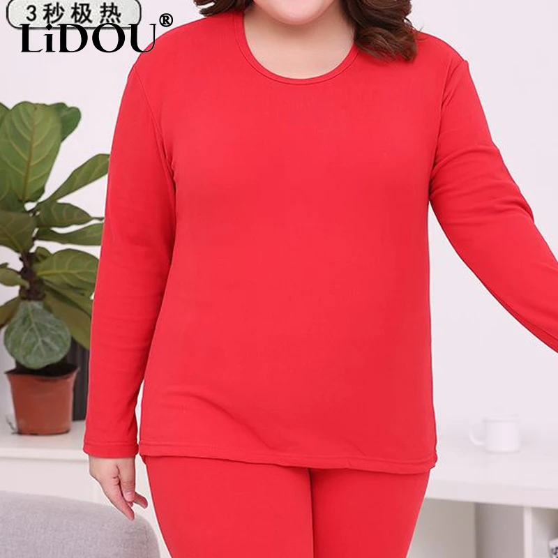 2023 Winter Solid Color Warm Plus Velvet Women's Set Round Neck Long Sleeve Thermal Underwear Tops and Comfortable Long Johns
