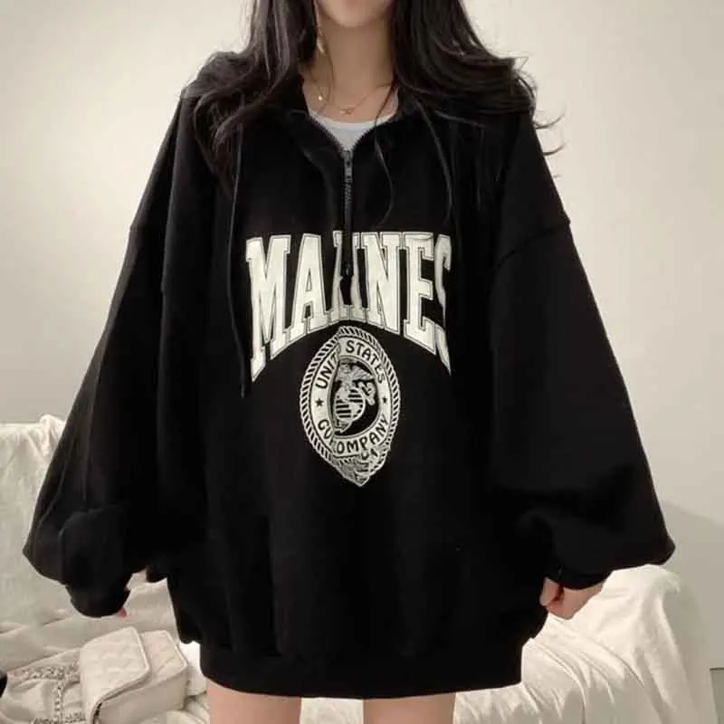 

Zoki Fall Zipper Oversized Women Hoodies Harajuku Streetwear Letter Print Sweatshirts Loose Bf Korean All Match Solid Pullovers
