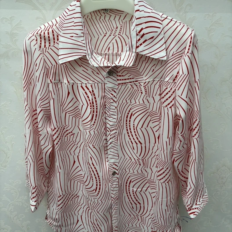 2024 Summer Women's New Spliced Polo Shirt Button Printing Stripes Fashion Loose Minimalist Casual Half Sleeves Blouses Shirts