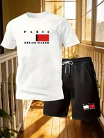 Ensemble 2 pièces pour homme, t-shirt à manches courtes à col rond imprimé Paris, short, style décontracté à la maison, vêtements de sport imprimés pour homme 1