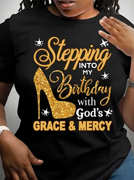 Birthday Queen Print Crew Neck T-Shirt, Casual Short Sleeve T-Shirt for Spring & Summer, Women's Clothing 1