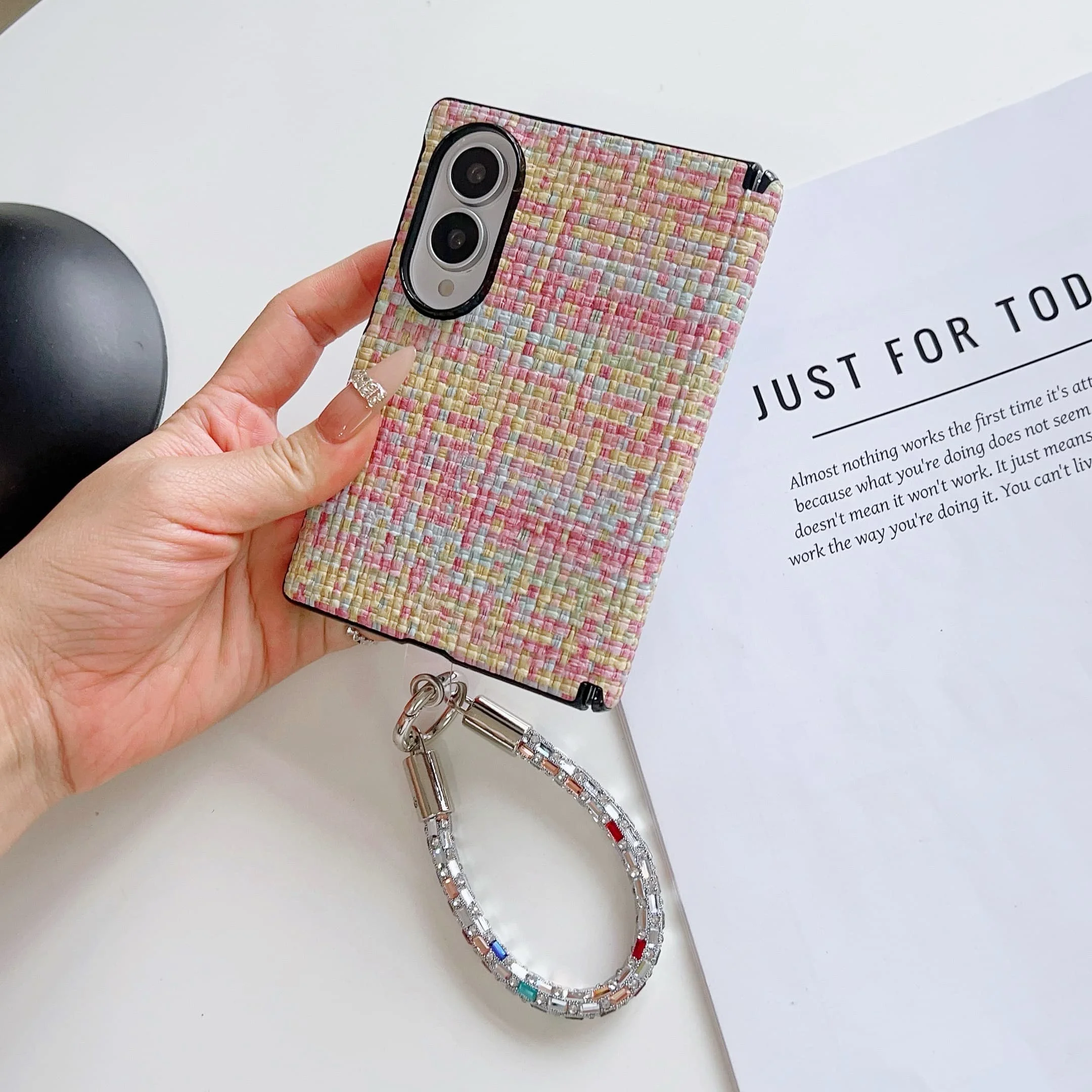 Luxury Woven Pattern Shockproof Case with Wrist Strap and Hinge Protection