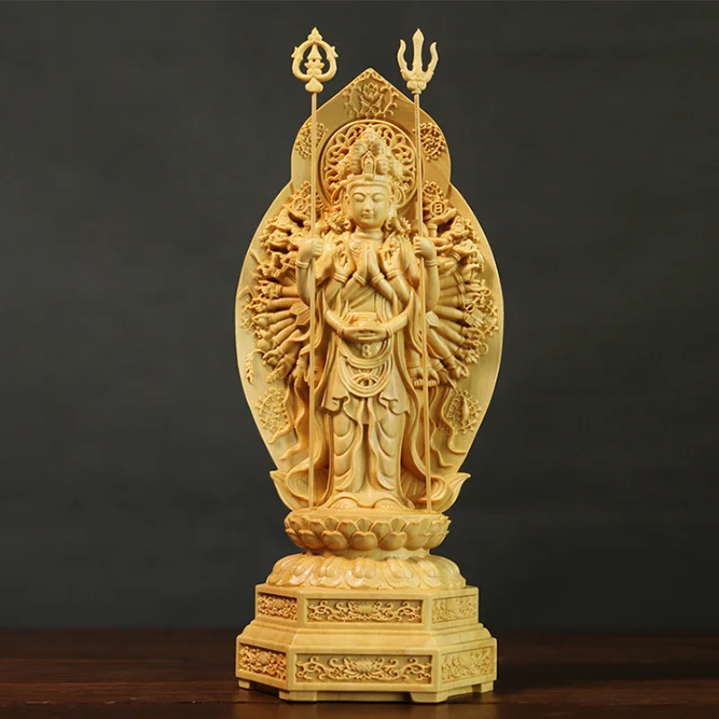 

20cm Boxwood Carving Feng Shui Sculpture Home Decor Solid Wood Buddha Statue Thousand-Hand Guanyin Home Decor
