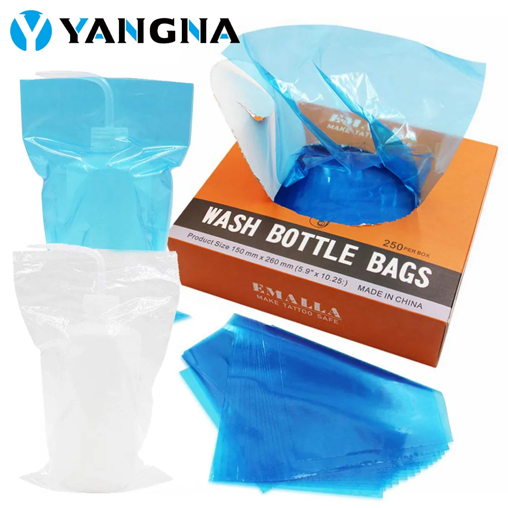 YANGNA Tattoo Wash Bottle Covers Bags 250PCS Clear Blue White Plastic Squeeze Bottle Clean Cover Sleeves for Tattoo Accessories