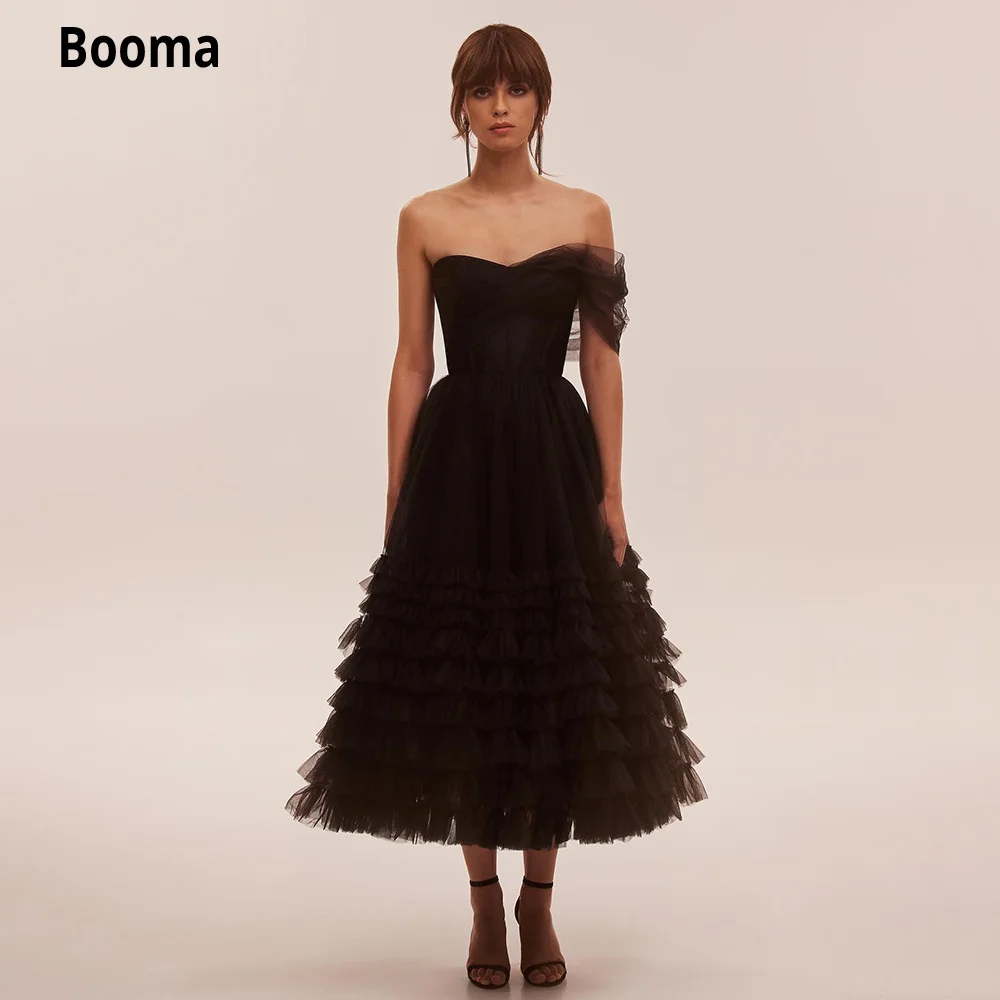 

Booma Elegant Black Tiered Tulle Midi Prom Dresses One-Shoulder Frill-Layered Ruffles Tea-Length A-Line Evening Party Gowns