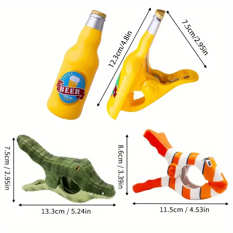 2pcs Beach Towel Clip, Crocodile, Beer Bottle, Clownfish Leisure Chair Towel Clamp, Large Plastic Clothes Clip 2