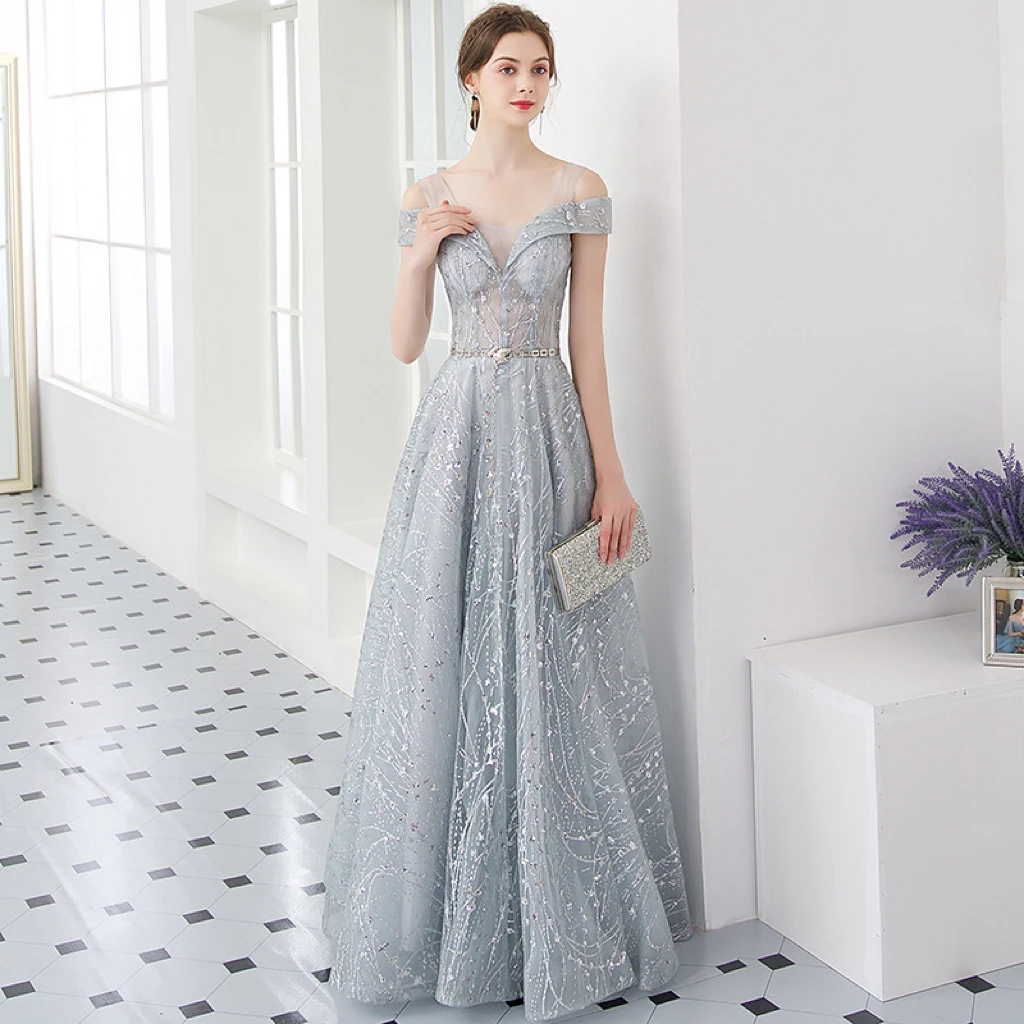 

Silver Gray Bridesmaid Dresses Off Shoulder Sequin Boat Neck Belt Beading Applique A-Line Lace Wedding Lady Evening Party Gown