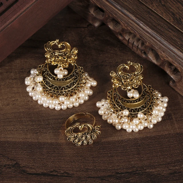 Boho Ethnic Gold Color Peacock Carved Earring&Ring Set for Women