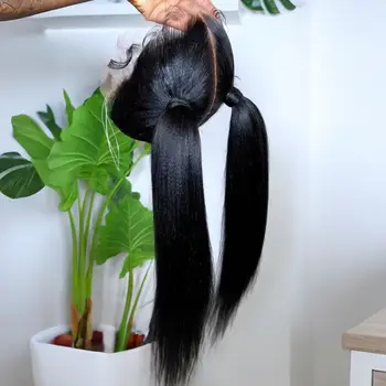 Yaki Kinky Straight Black Color Synthetic 13X4 HD Lace Frontal Wig For Black Women Prepucked With Baby Hair Glueless Wig Party