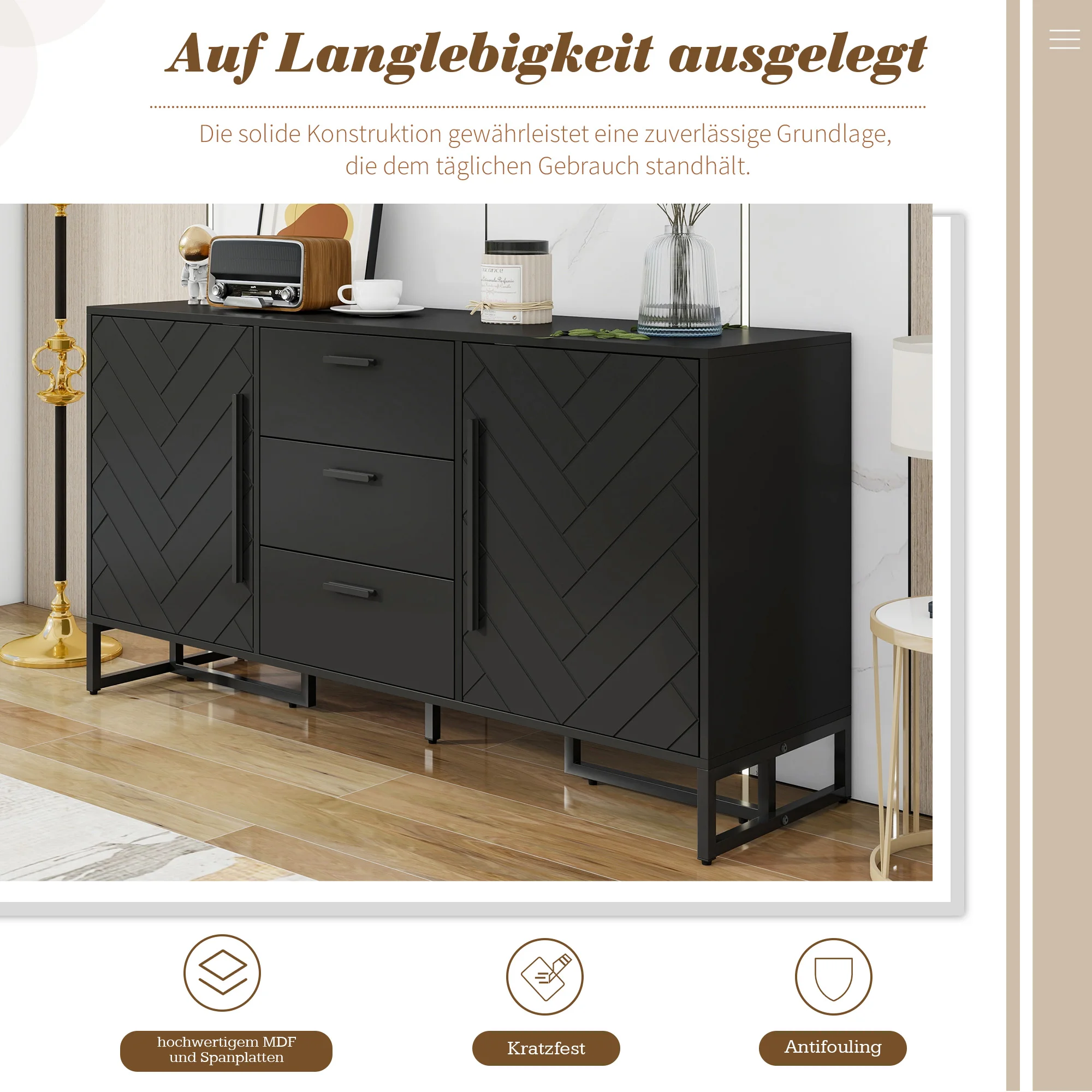 Elegantes schwarzes Sideboard mit Fischgrätmuster, mit 2 Türen und 3 Schubladen, geeignet für Esszimmer, Küche und Wohnzimmer. – Detail 10