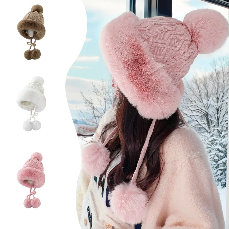 

New Soft Thickened Plush Knitted Hats Winter Ear Protection Bucket Hat Fashion Outdoor Windproof Warm Beanies Cap