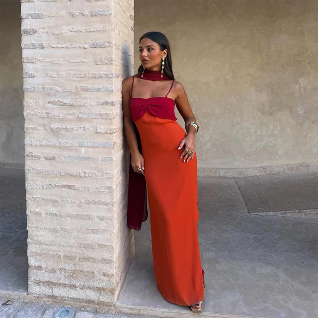 113255-bc72a0.jpg Robe longue de soirée pour femme à bretelles fines, col écharpe, color block, fente haute, longueur ras du sol, pour fêtes