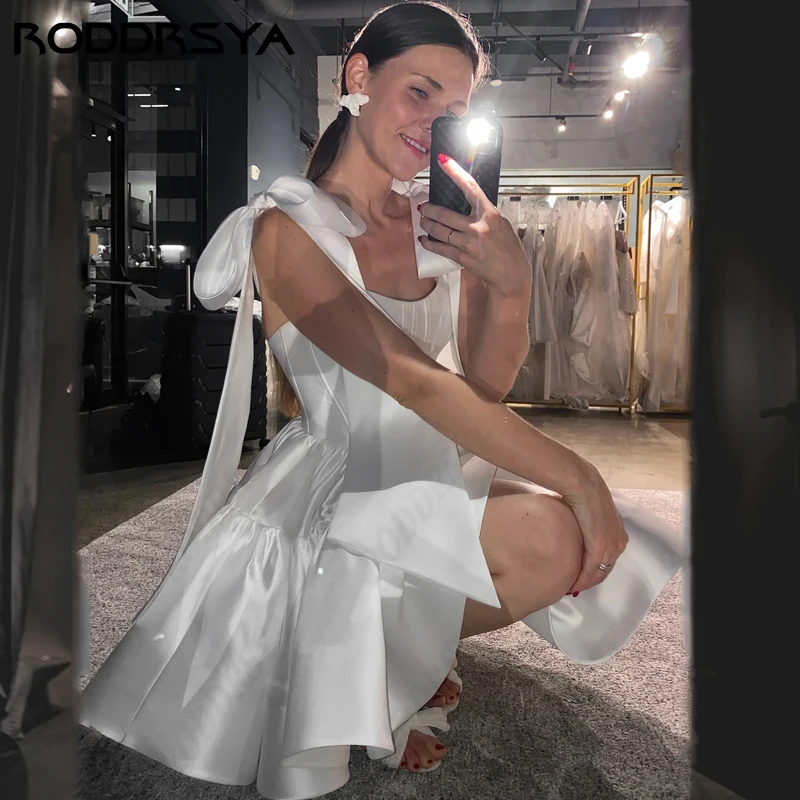 Short Mini Satin Wedding Dress For Women Simple Spaghetti Straps Backless Civil