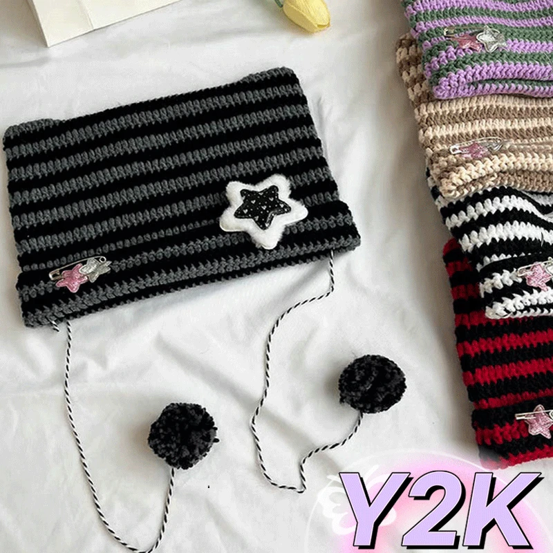 

2023 Y2K Beanie Hat Ins Little Devil Striped Knitted Wool Cap Autumn and Winter Cute Cat Ears Pentagram Pullover Women's Hat Cap