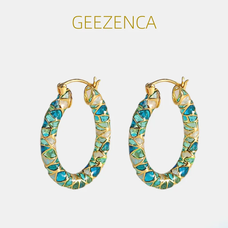 

GEEZENCA Colorful Enamel S925 Silver Gold Plated Hoop Earrings Women Cloisonne Designer Trendy Luxurious Earring 2023 New Gift