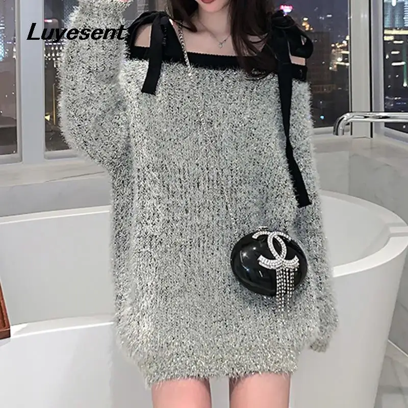 

Female Looose Pullover Sweater 2023 Autumn Lady Strap Off Shoulder Shining Sliver Silk Sweaters Dress Korean Fashion Clothes