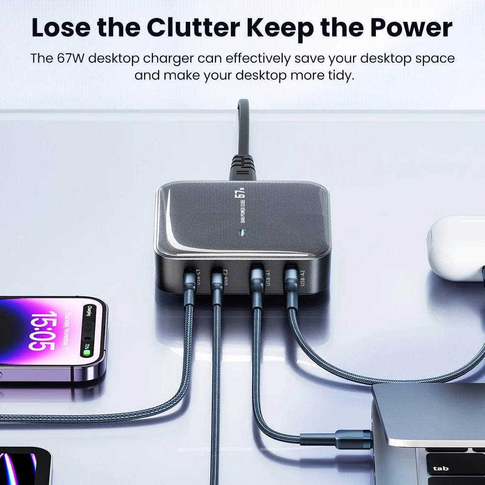 Toocki 67W GaN Desktop Charger Type C Fast Charger For iPhone 14 Samsung 4 in 1 USB Charging Station Adapter For Macbook Laptop