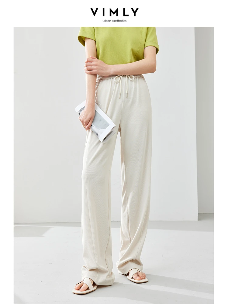 

VIMLY Women Casual Commuter Apricot Stright Long Wide Leg Pants 2024 Summer Loose Skinny Draped Trousers Women Streetwear M6890