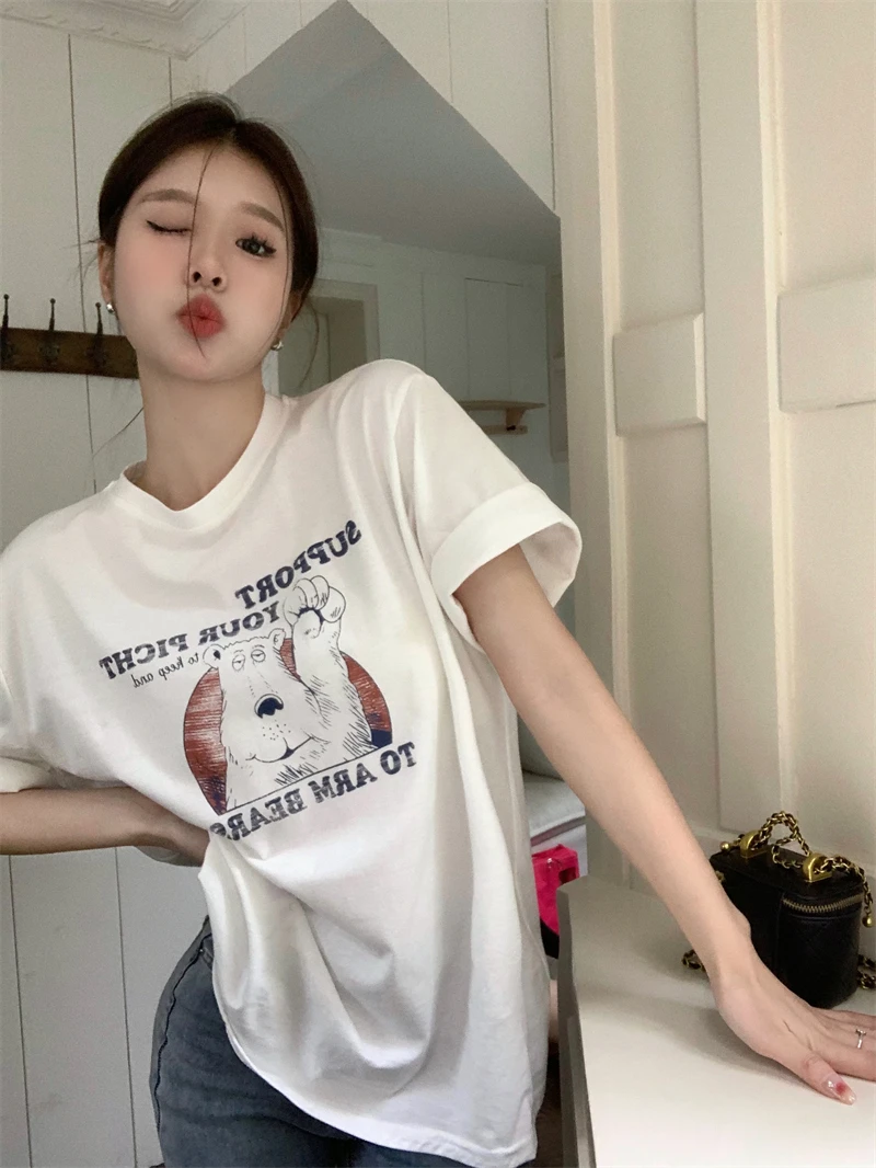 

Bear Print Summer T-Shirts Women Cartoon Korean Cotton Shirts Tops Short Sleeve Y2K Harajuku Oversized Loose Streetwear