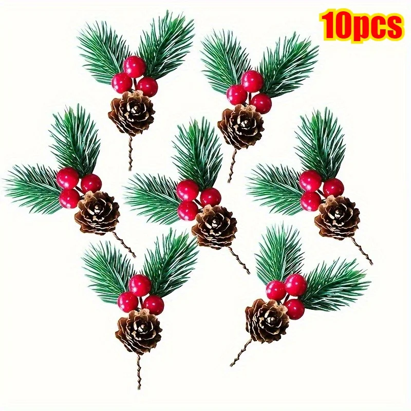 10/30 pezzi di rami di pino con stelo di bacche rosse, pigne artificiali, fiori da raccogliere, ghirlanda fai da te, rami di albero di Natale, decorazioni_voghion.com